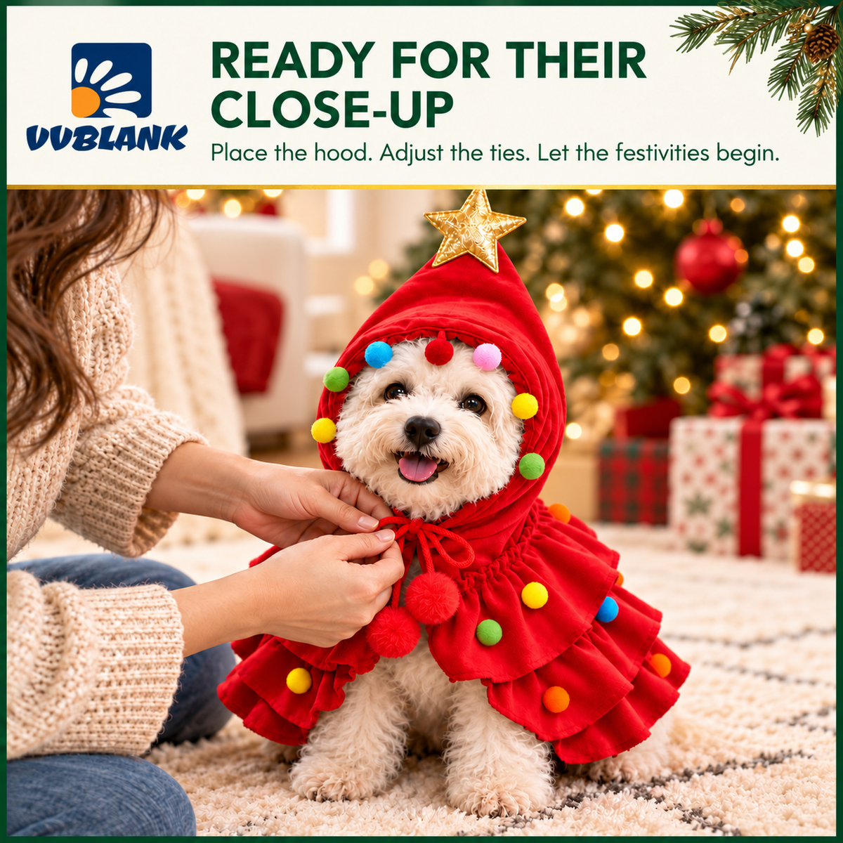 VVBLANK red pet Christmas costume with adjustable ties