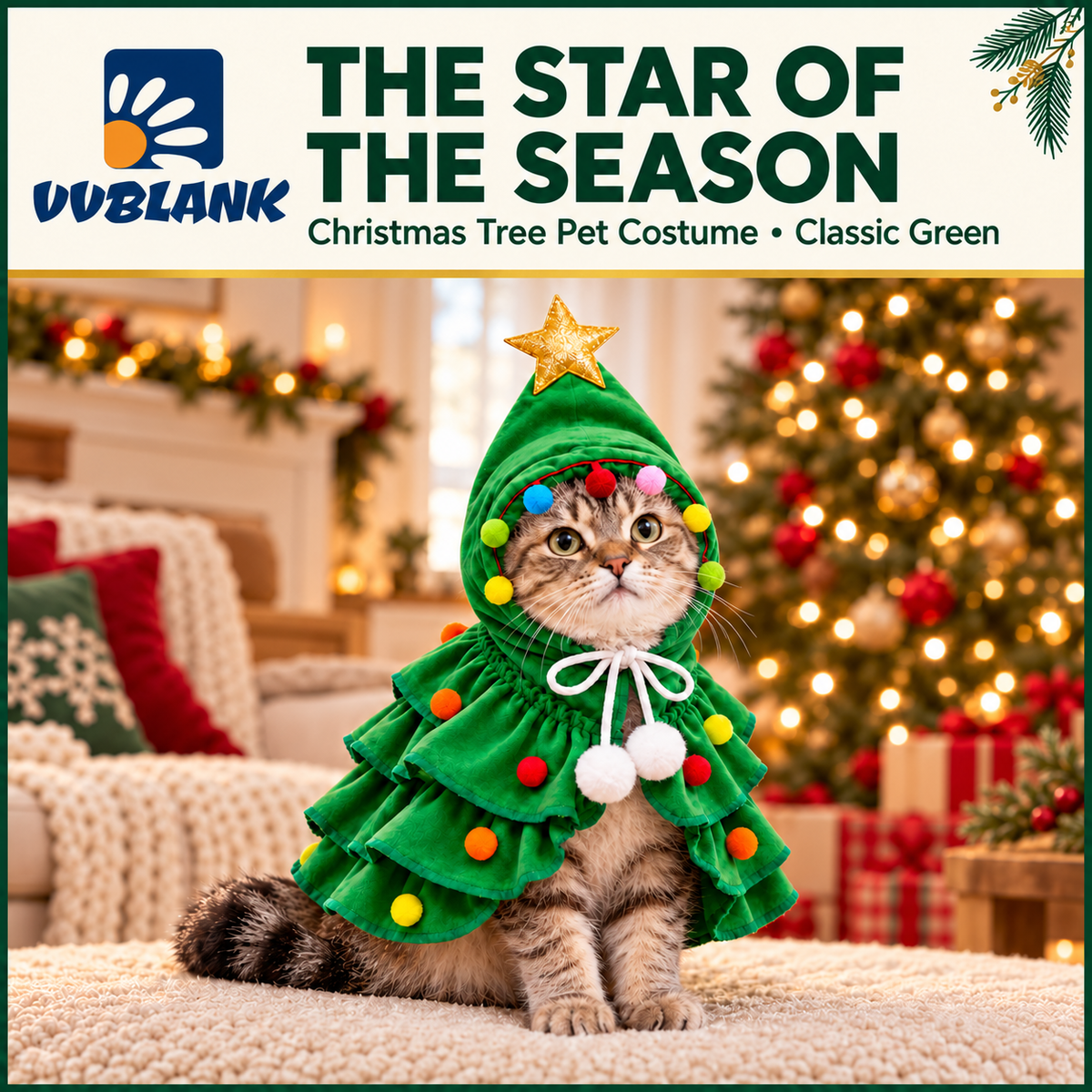 VVBLANK Classic Green Christmas Tree Pet Costume on a tabby cat
