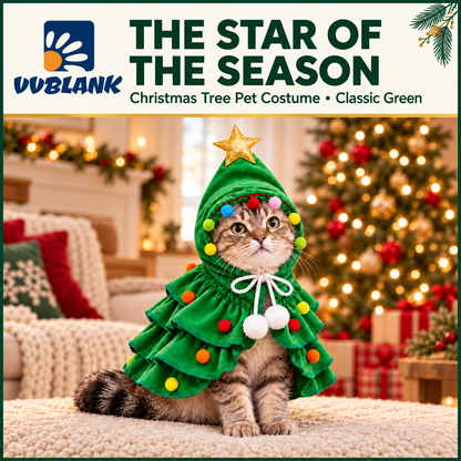 VVBLANK Classic Green Christmas Tree Pet Costume on a tabby cat
