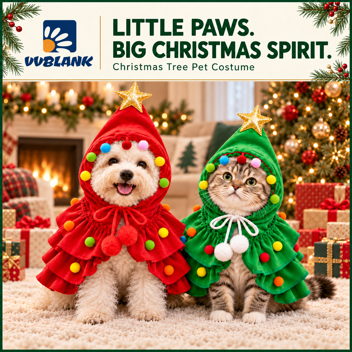 VVBLANK Christmas Tree Pet Costume in red and green with dog and cat