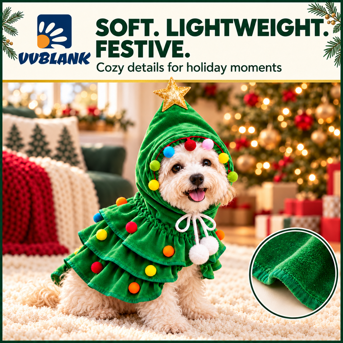 VVBLANK soft lightweight green Christmas costume with fabric close-up