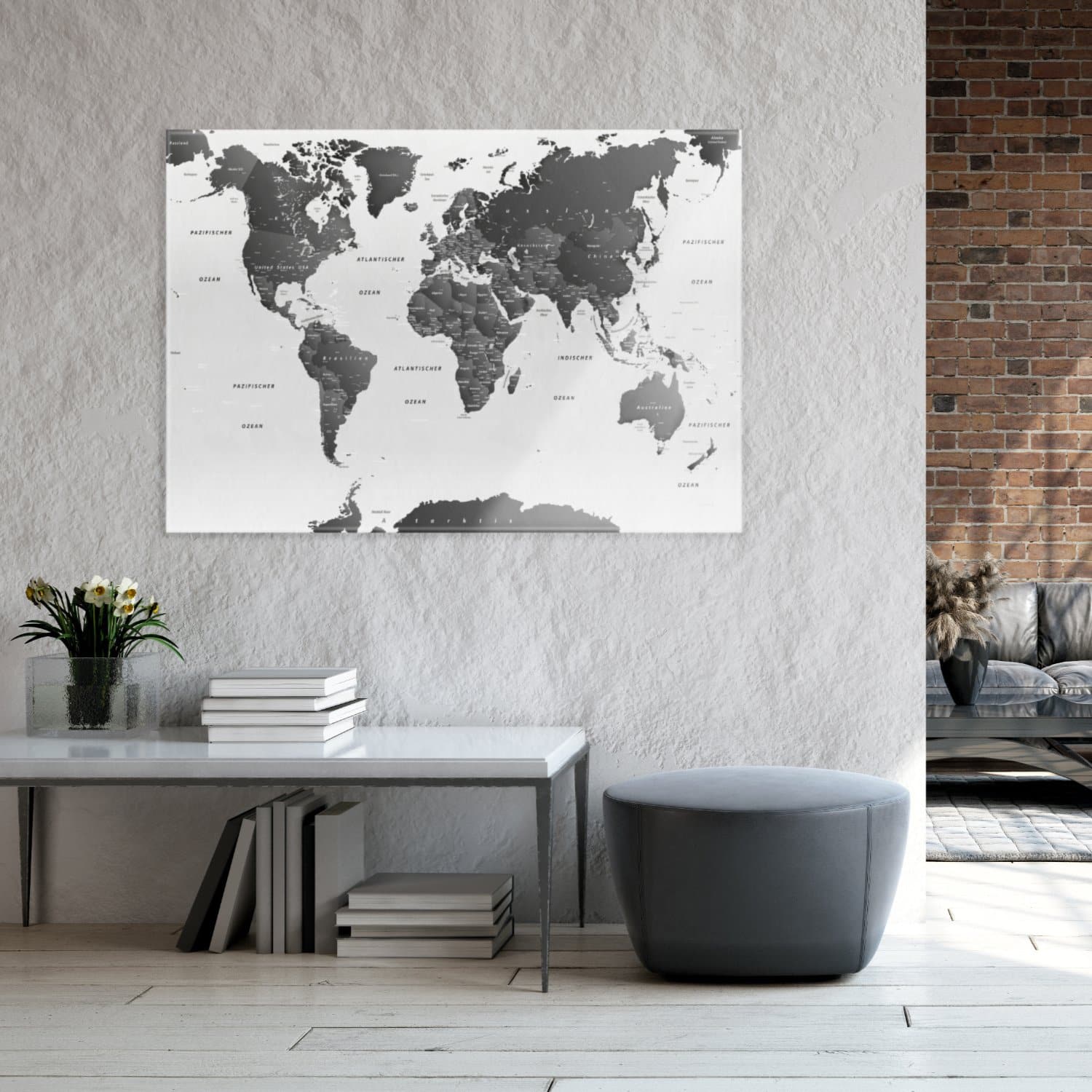 Magnetisches Glasbild - Weltkarte SW Hell